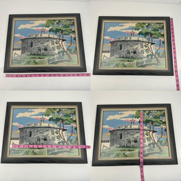 Vtg Wall Framed Needlepoint Art Work Craft Completed Church Building Tree Sky - Picture 3 of 11